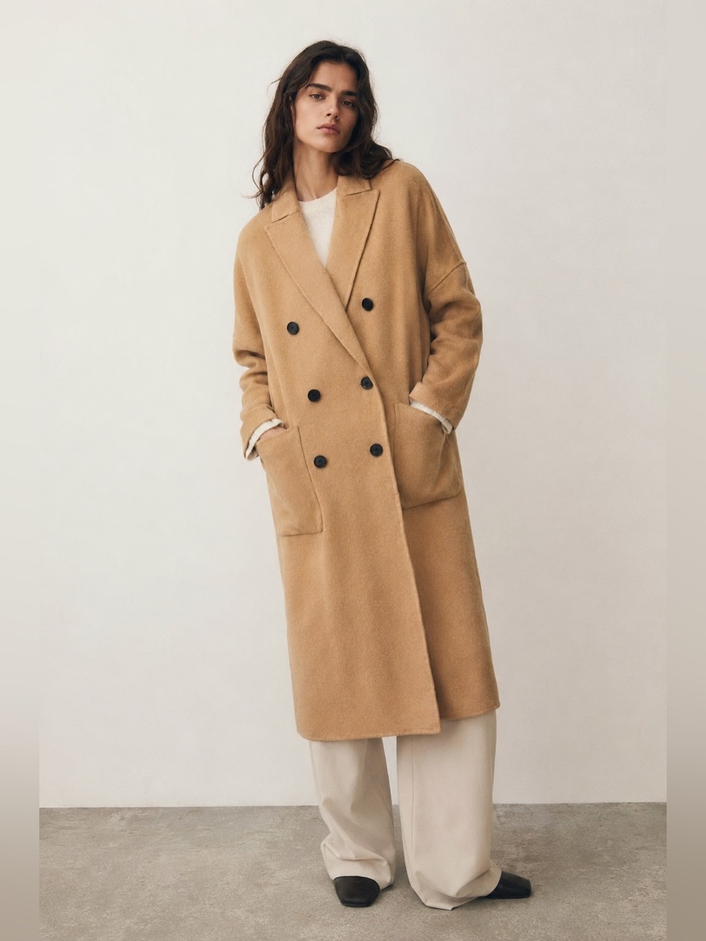 ZARA Handmade Wool Blend Oversized Long Coat Camel Beige XS NWT
